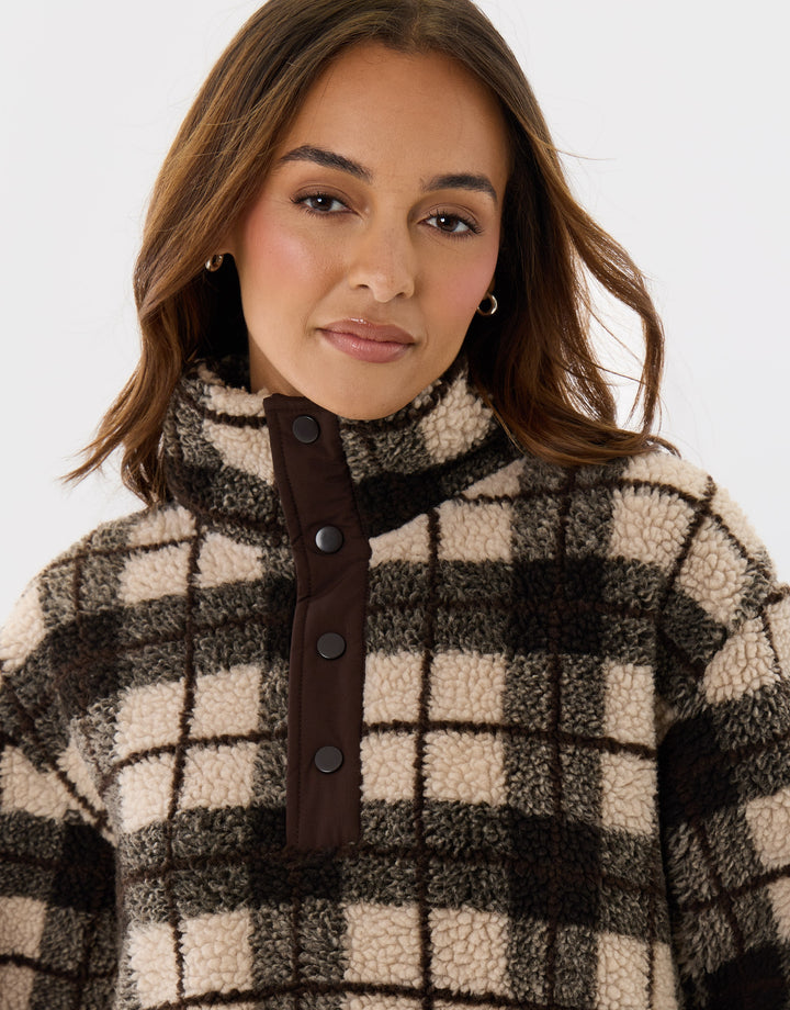 Borg Funnel Neck Fleece in Ecru Check