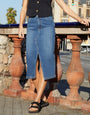 Dark Blue Wash Denim Split Front Midi Skirt