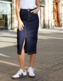 Denim Split Front Midi Skirt in Indigo Wash