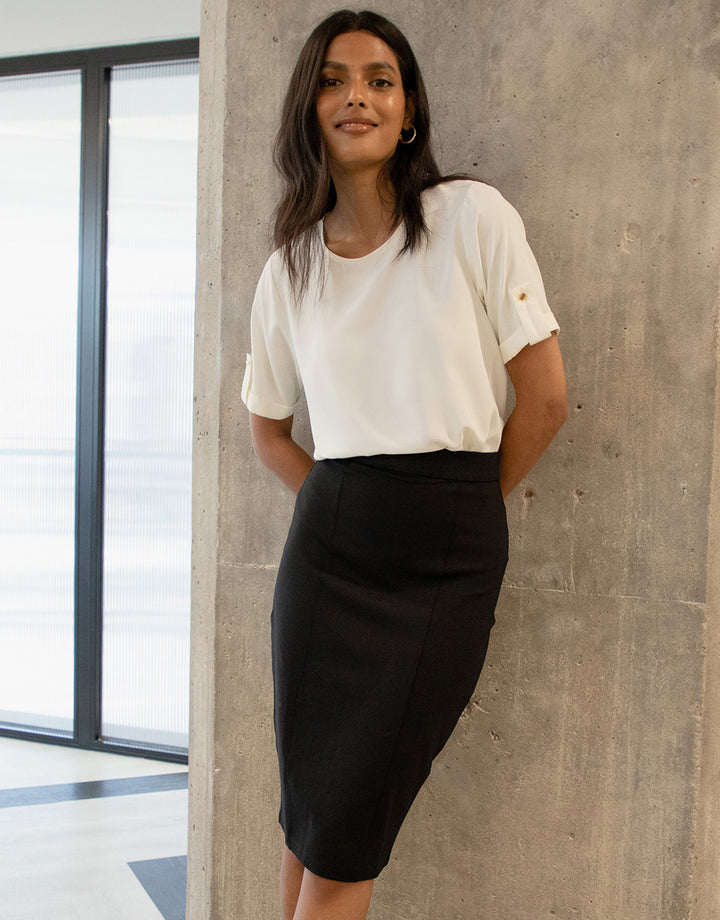 Black Ponte Midi Skirt