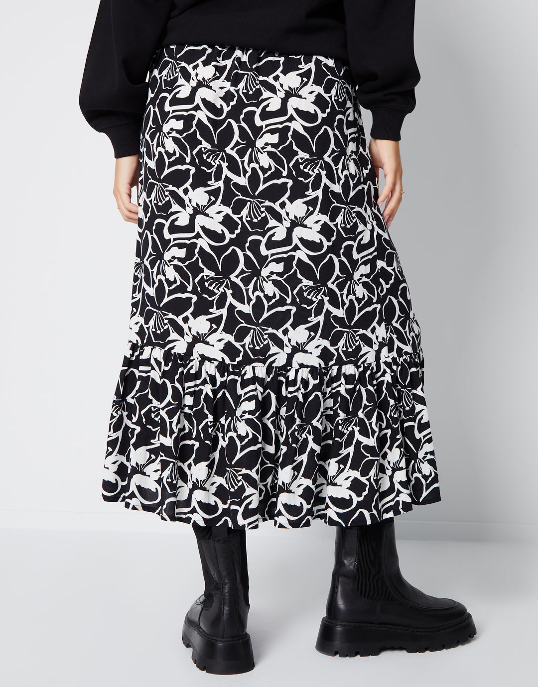 Black Floral Print Drawstring Waist Frill Hem Midi Skirt