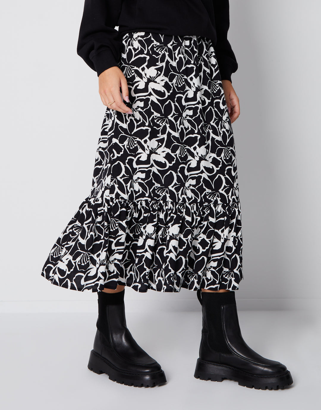 Black Floral Print Drawstring Waist Frill Hem Midi Skirt