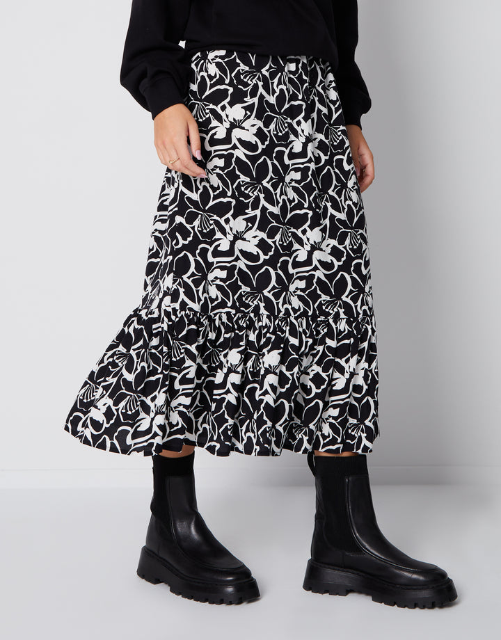 Black Floral Print Drawstring Waist Frill Hem Midi Skirt