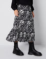 Black Floral Print Drawstring Waist Frill Hem Midi Skirt