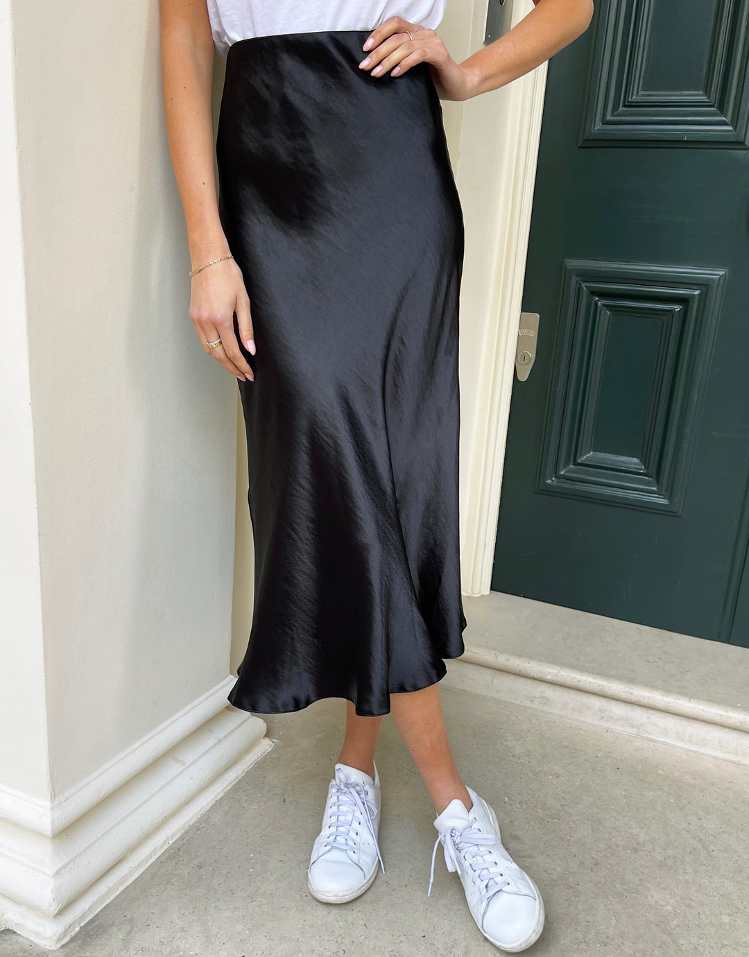 Black Satin Slip Midi Skirt