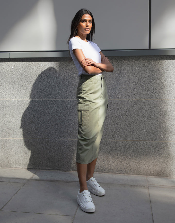 Khaki Green Utility Cargo Maxi Skirt