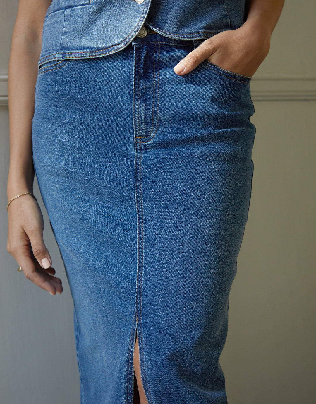 Mid Wash Maxi Denim Skirt