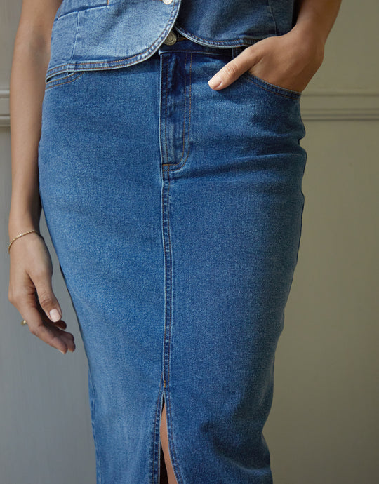 Denim Gathered Skirt - Mid Blue Wash main image 1