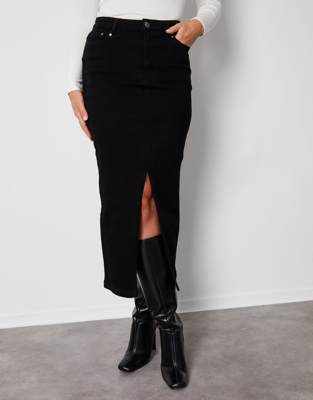 Women's Black Maxi Denim Skirt