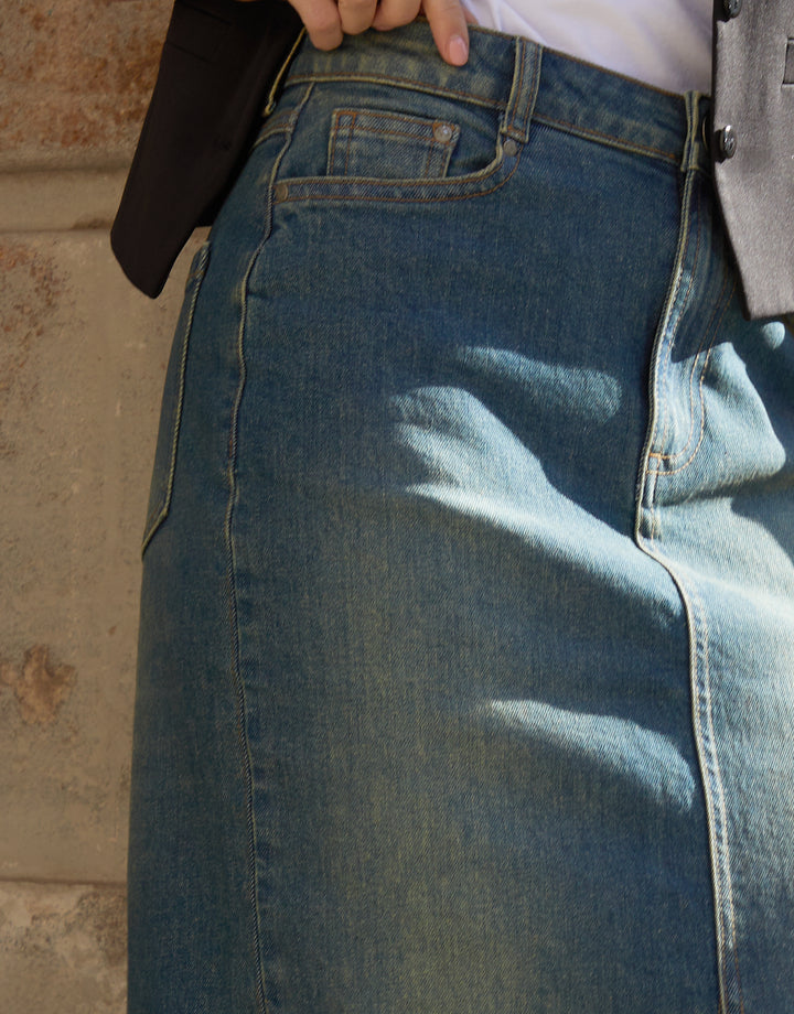 Vintage Wash Maxi Denim Skirt