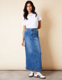 Mid Wash Split Back Fishtail Denim Maxi Skirt