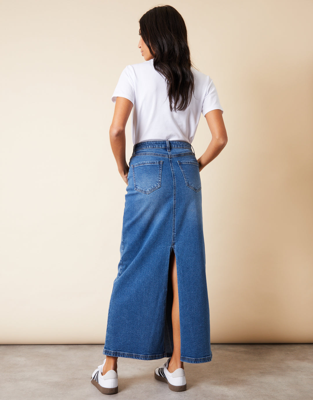 Mid Wash Split Back Fishtail Denim Maxi Skirt
