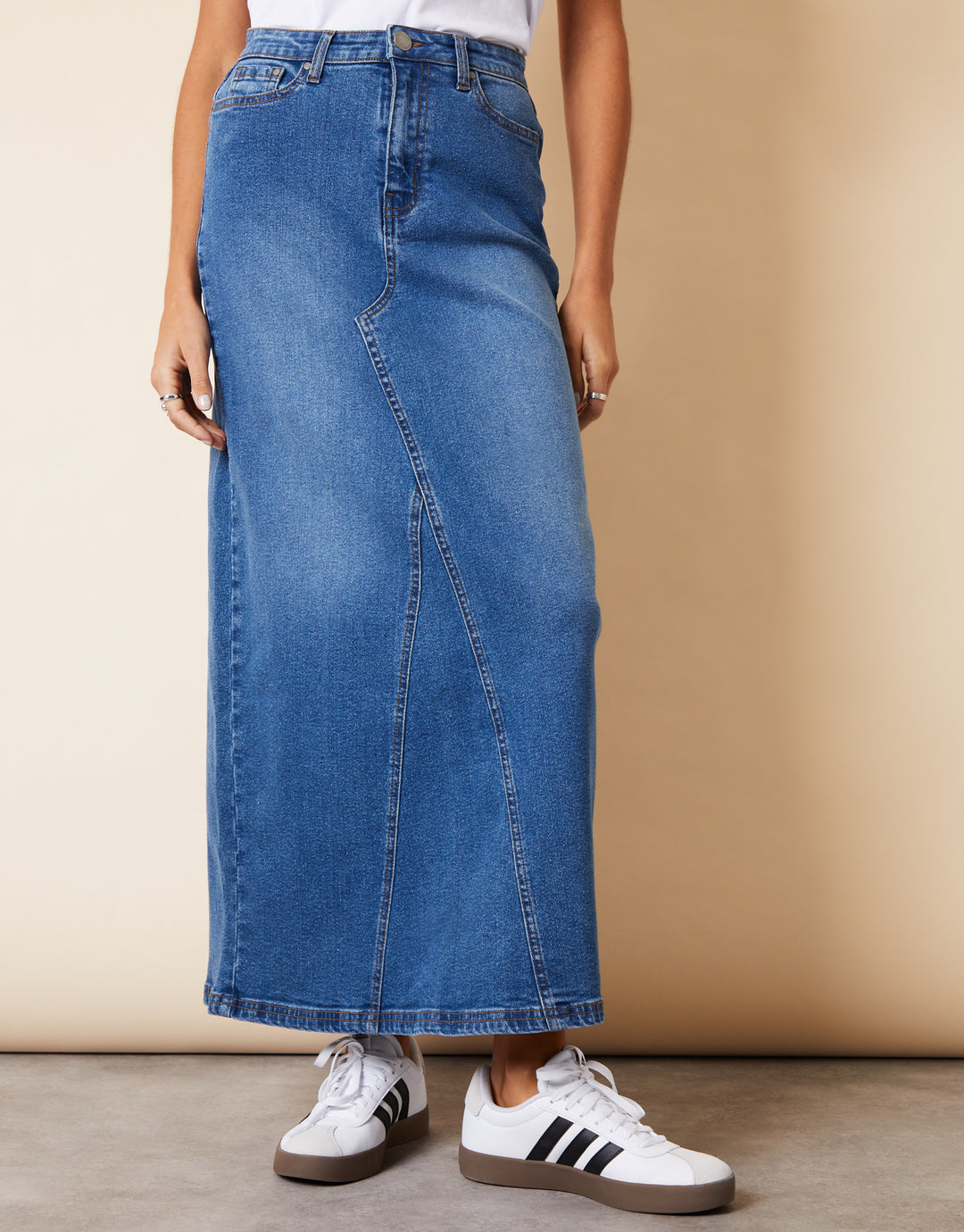 Mid Wash Split Back Fishtail Denim Maxi Skirt