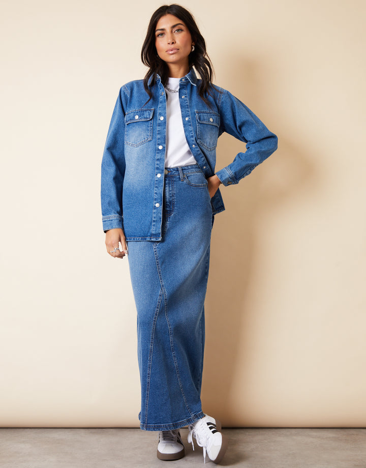 Mid Wash Split Back Fishtail Denim Maxi Skirt