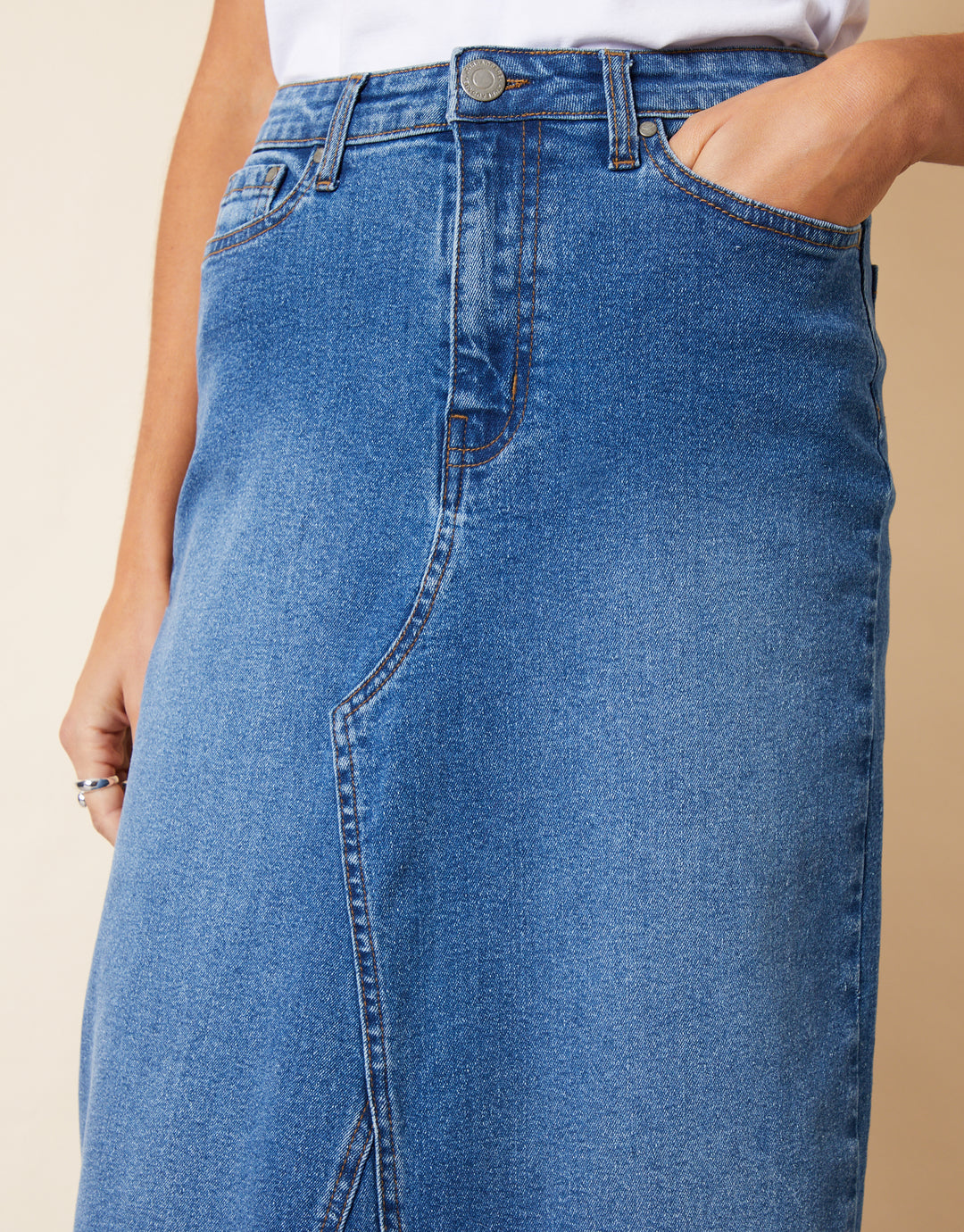 Mid Wash Split Back Fishtail Denim Maxi Skirt
