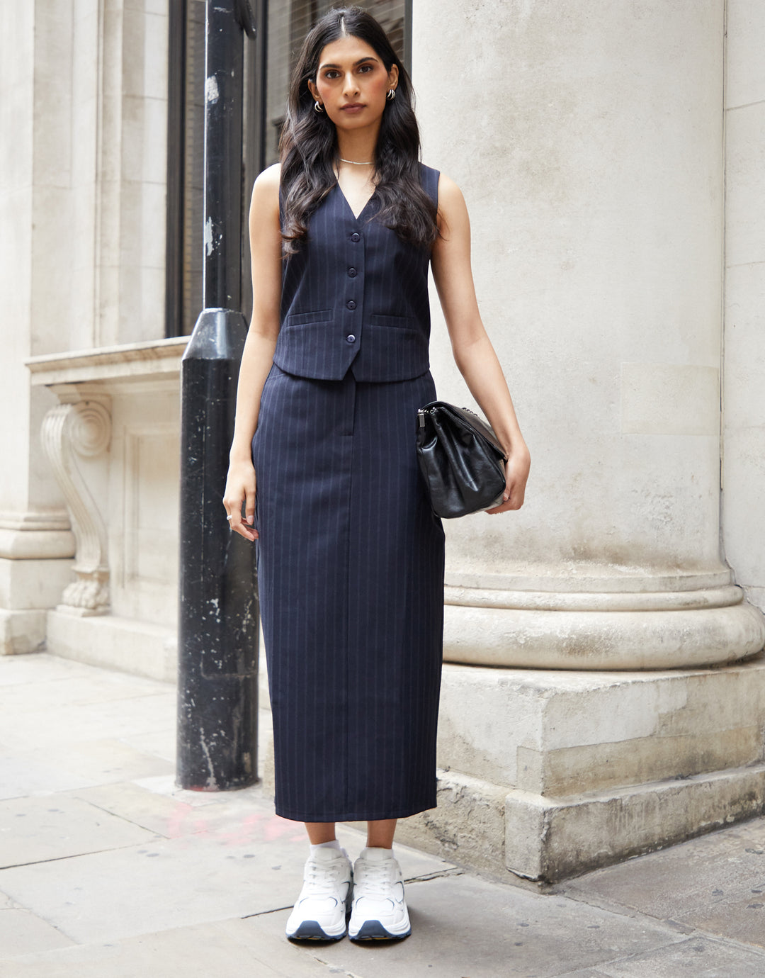 Threadbare Women's Navy Blue Pinstripe Ladies' Tailored Midi Skirt Threadbare Women's Navy Blue Pinstripe Ladies' Tailored Midi Skirt