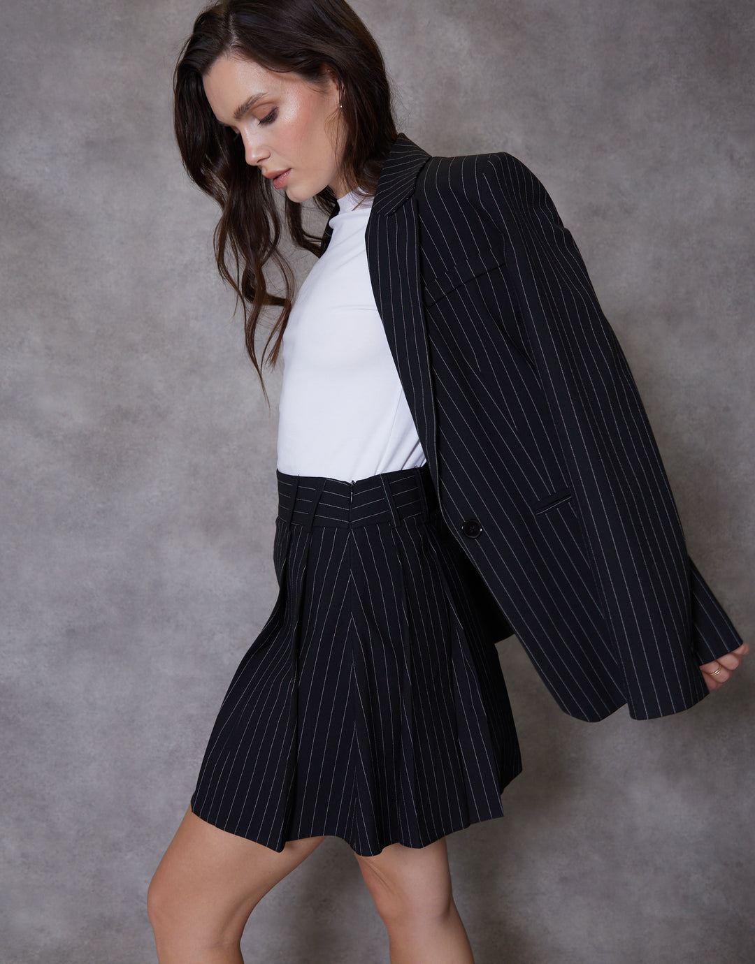 Black Pinstripe Pleated Mini Skirt