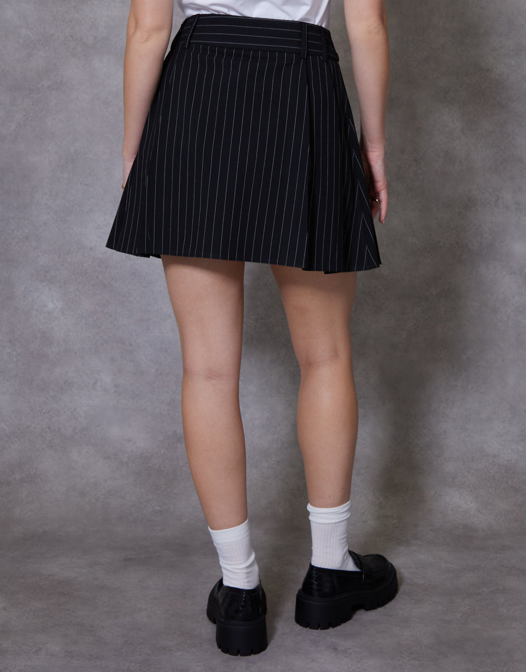 Black Pinstripe Pleated Mini Skirt