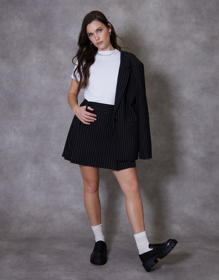 Black Pinstripe Pleated Mini Skirt