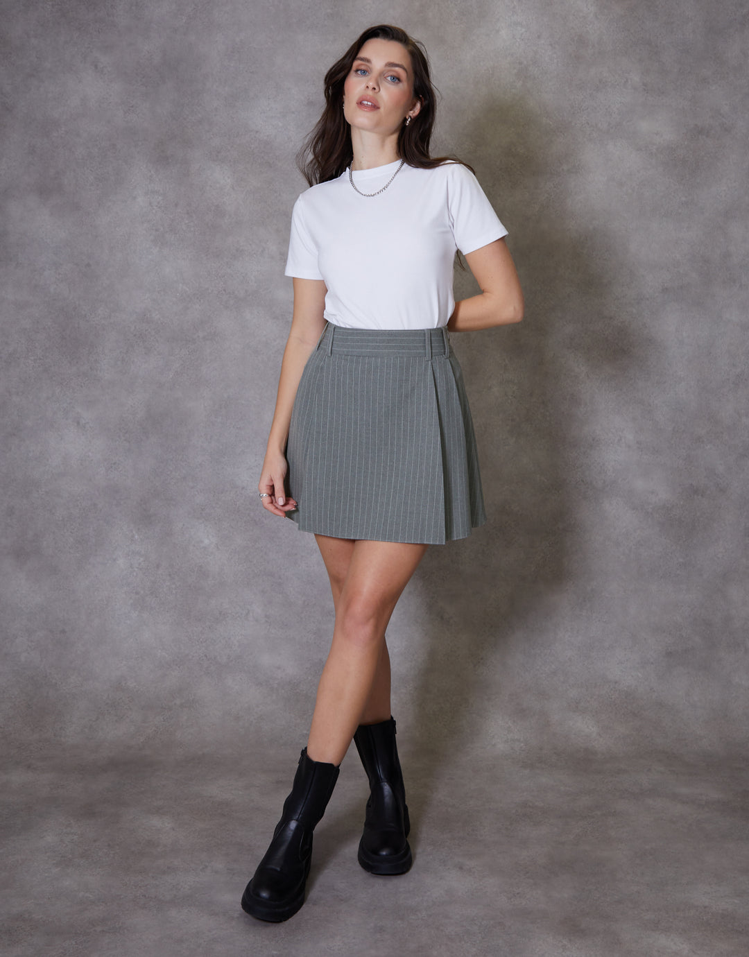 Grey Pinstripe Pleated Mini Skirt