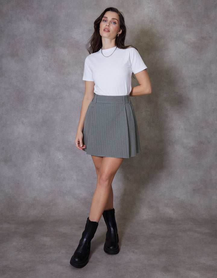 Grey Pinstripe Pleated Mini Skirt