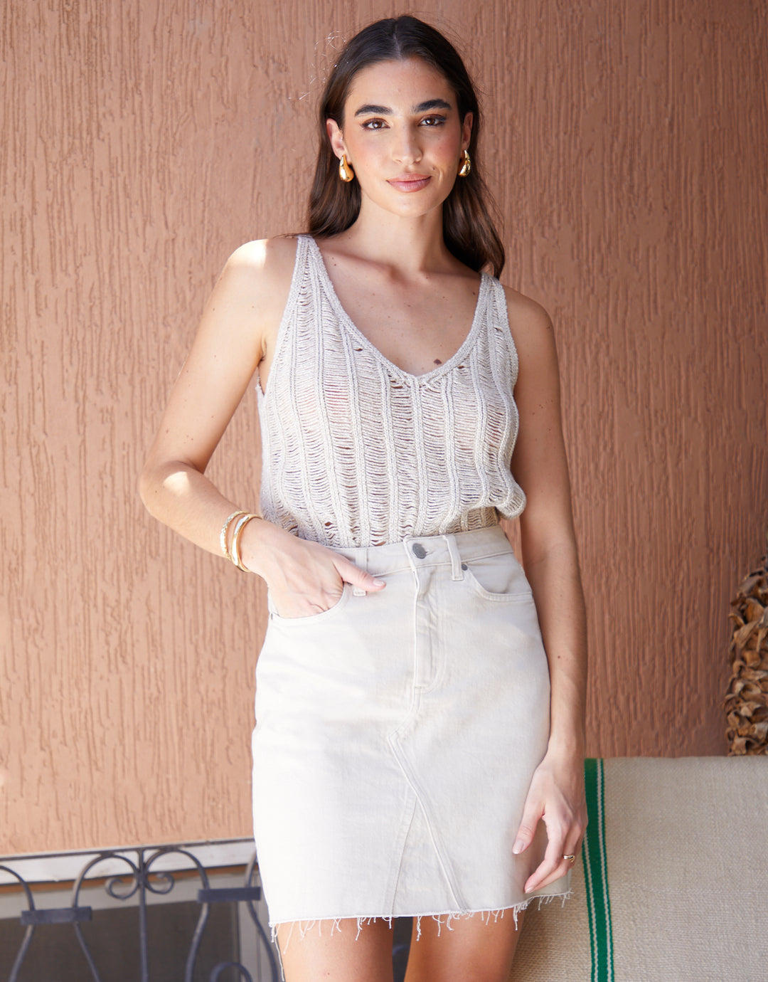 Raw Hem Denim Mini Skirt in Ecru