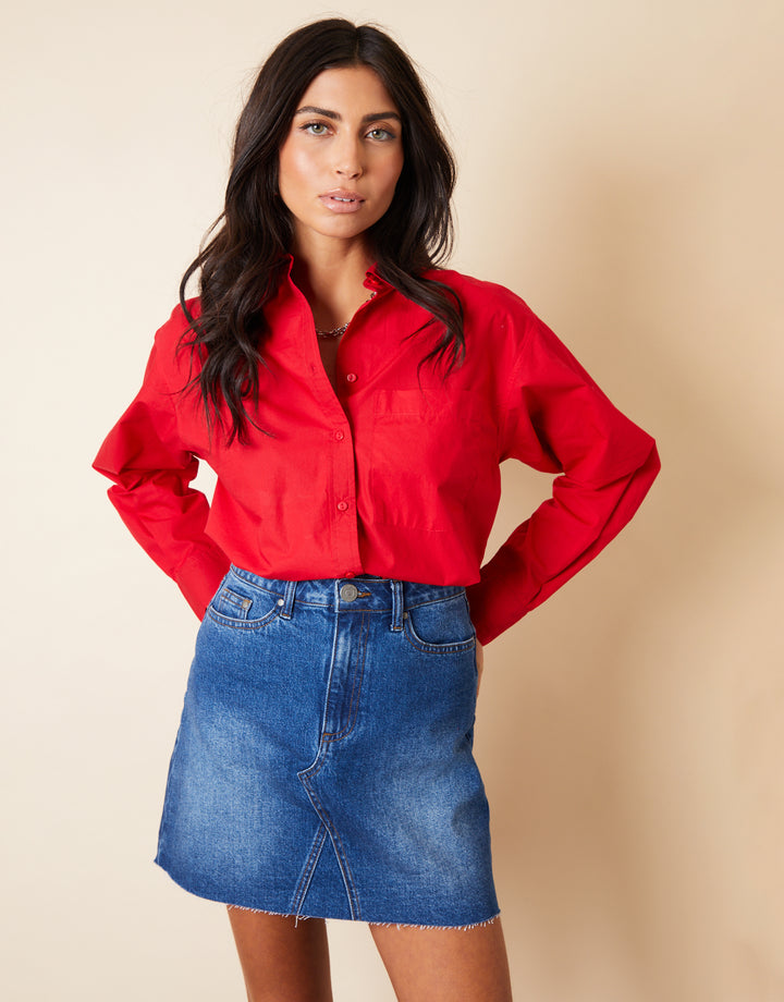 Raw Hem Denim Mini Skirt in Mid Wash