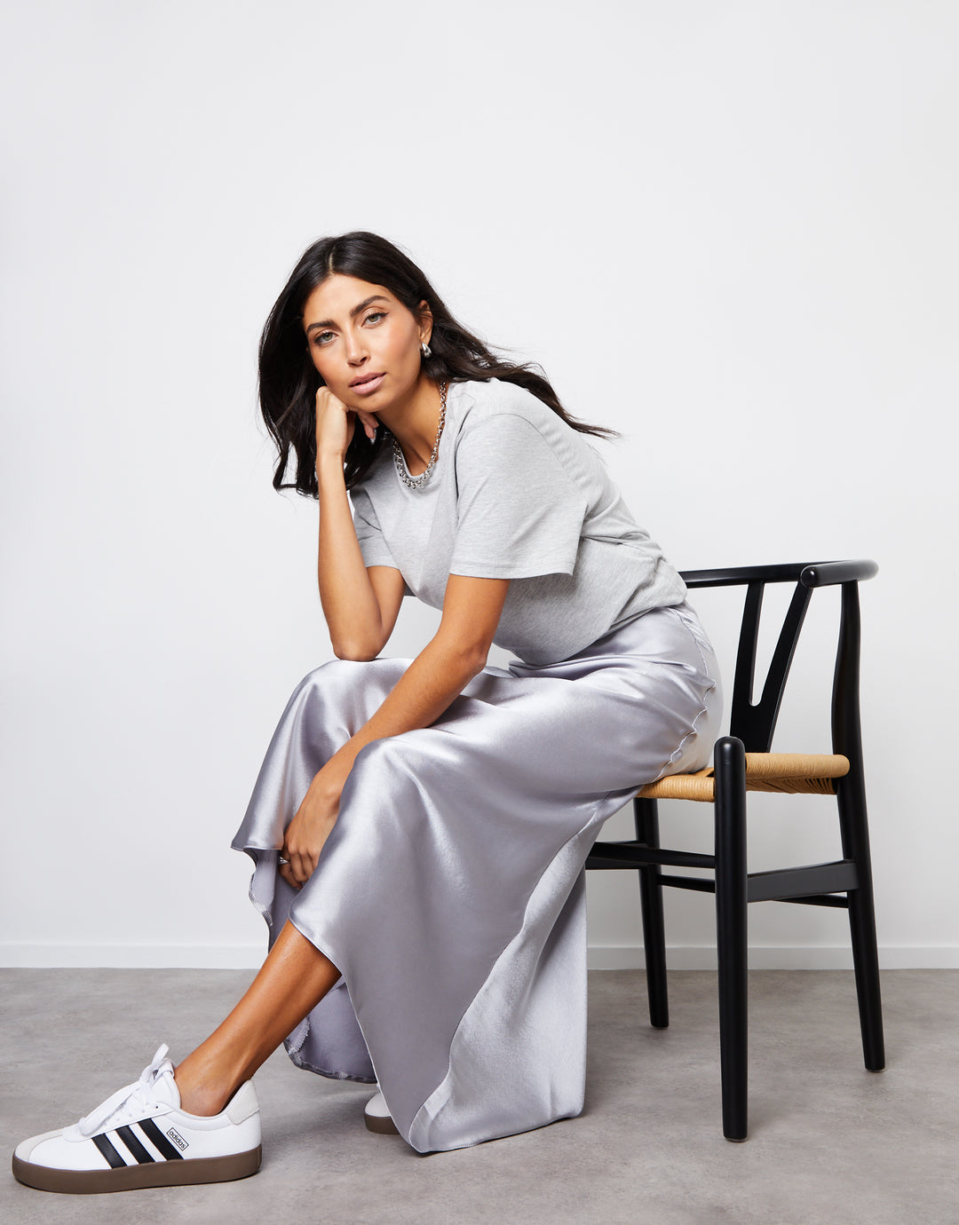 Silver Maxi Satin Slip Skirt