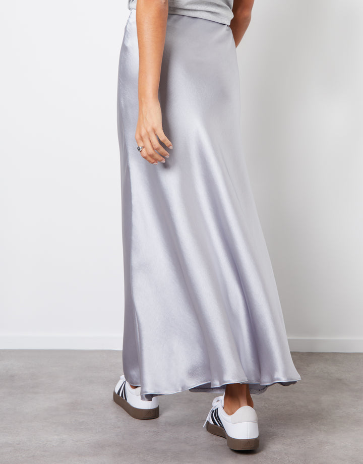 Silver Maxi Satin Slip Skirt