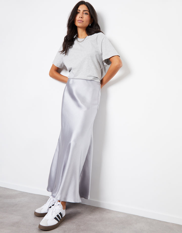 Silver Maxi Satin Slip Skirt