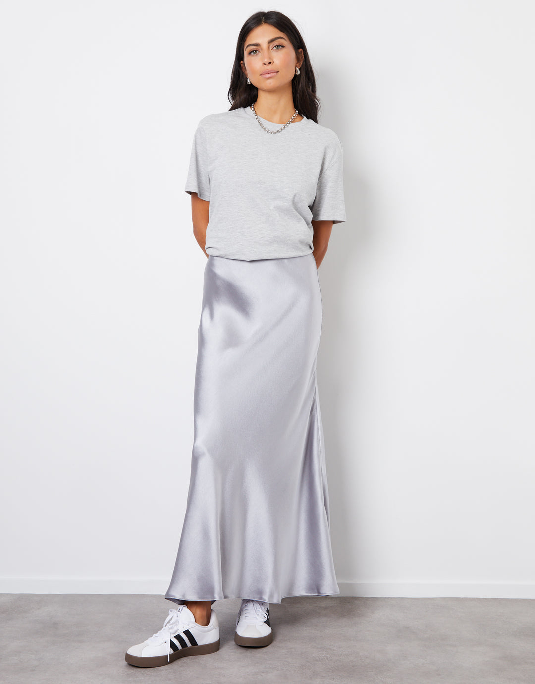 Silver Maxi Satin Slip Skirt