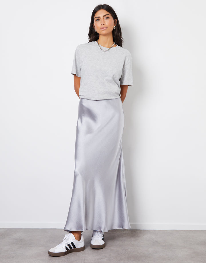 Silver Maxi Satin Slip Skirt