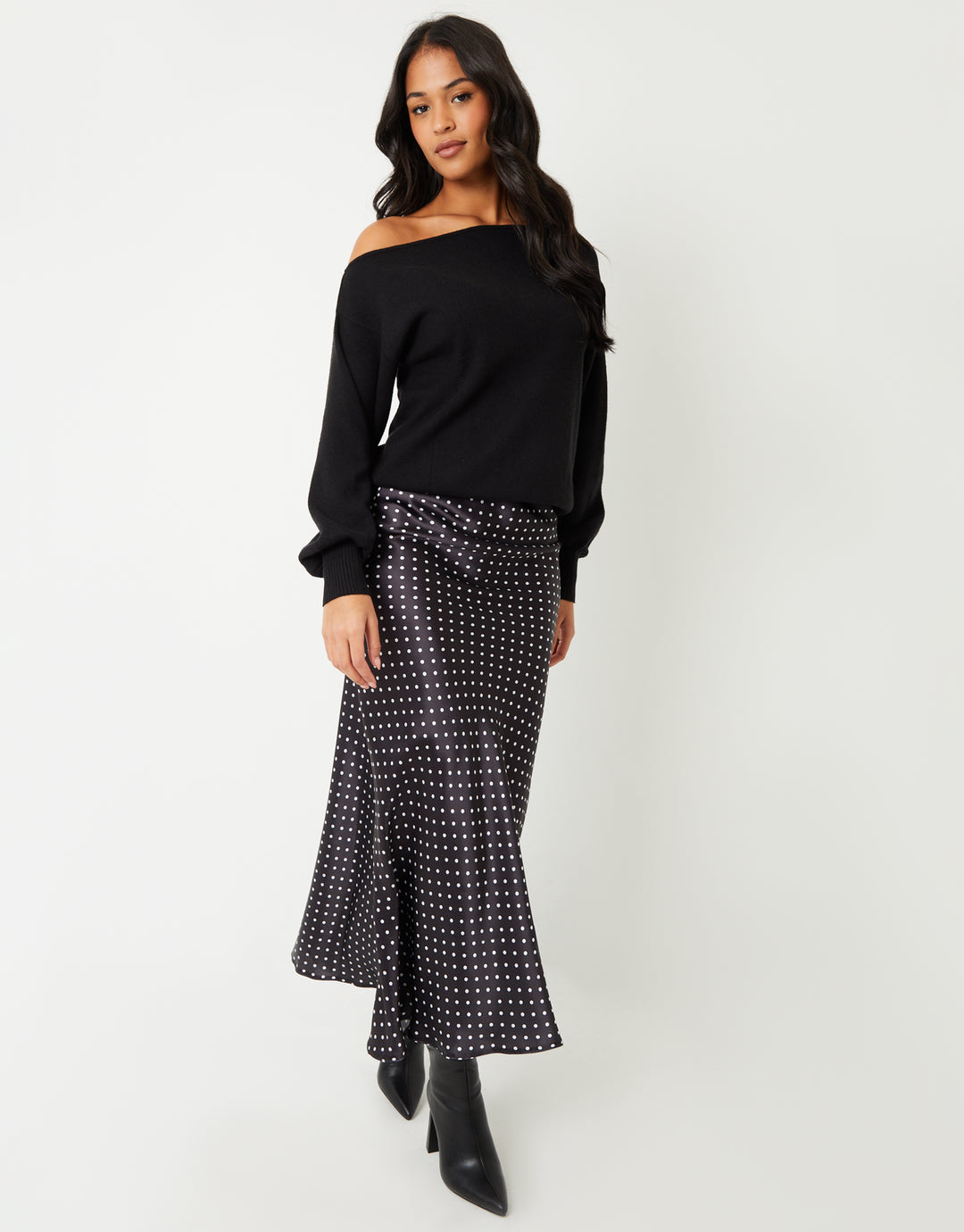 Black Polka Dot Print Maxi Satin Slip Skirt