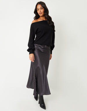 Black Polka Dot Print Maxi Satin Slip Skirt