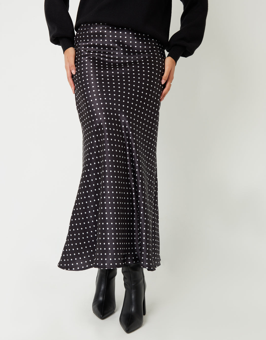 Black Polka Dot Print Maxi Satin Slip Skirt
