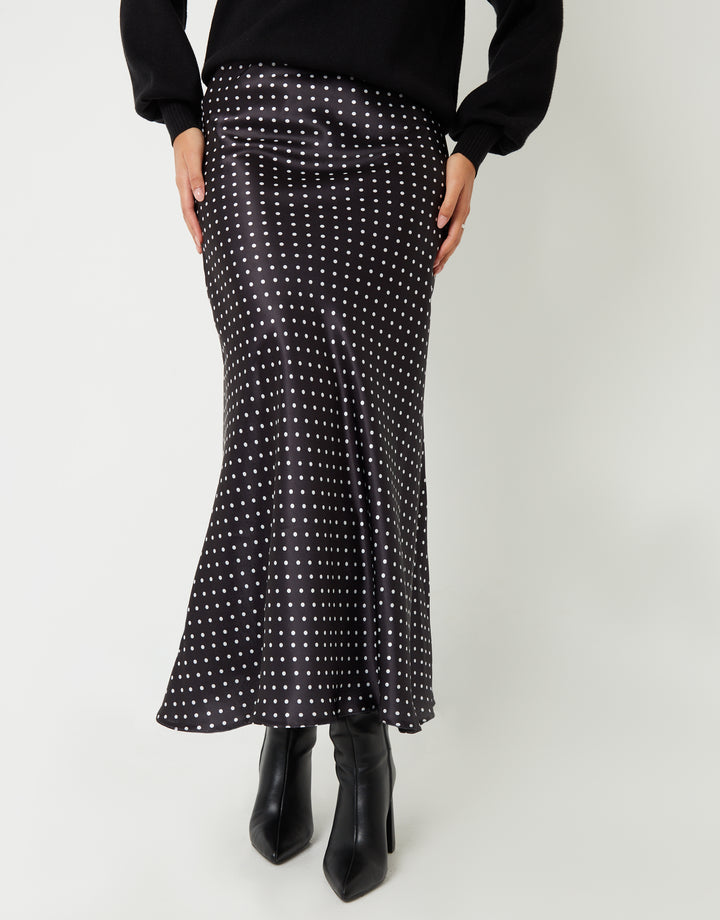 Black Polka Dot Print Maxi Satin Slip Skirt