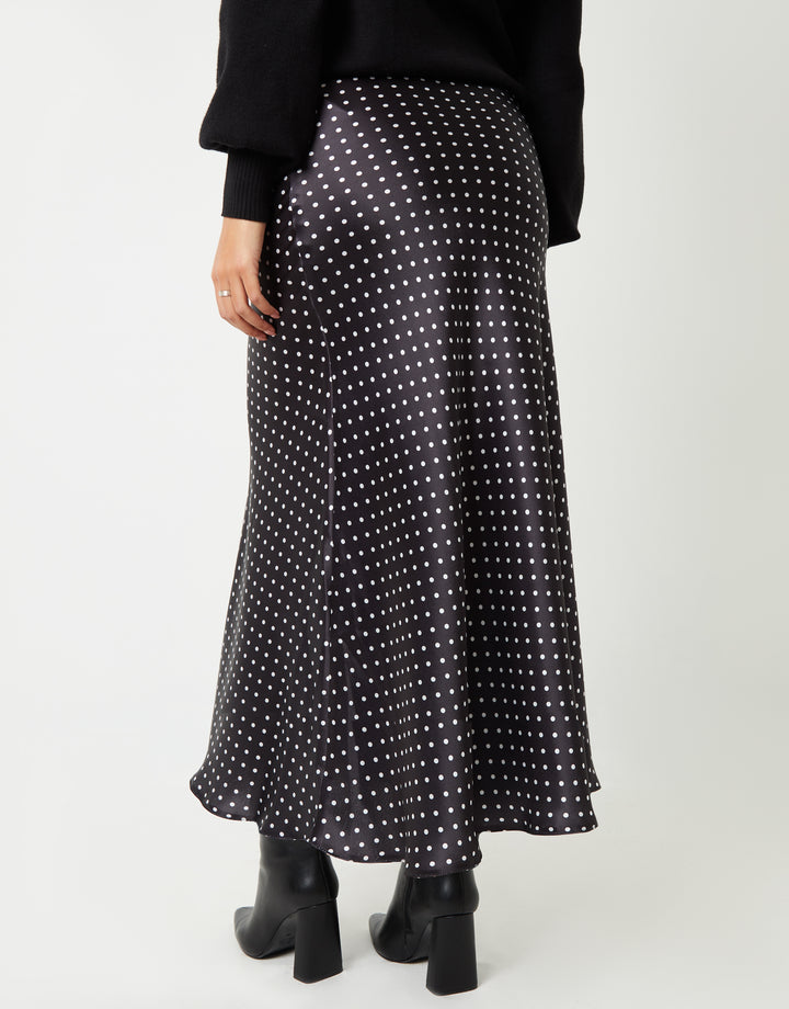 Black Polka Dot Print Maxi Satin Slip Skirt