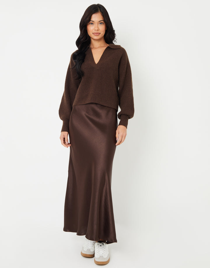 Chocolate Brown Maxi Satin Slip Skirt