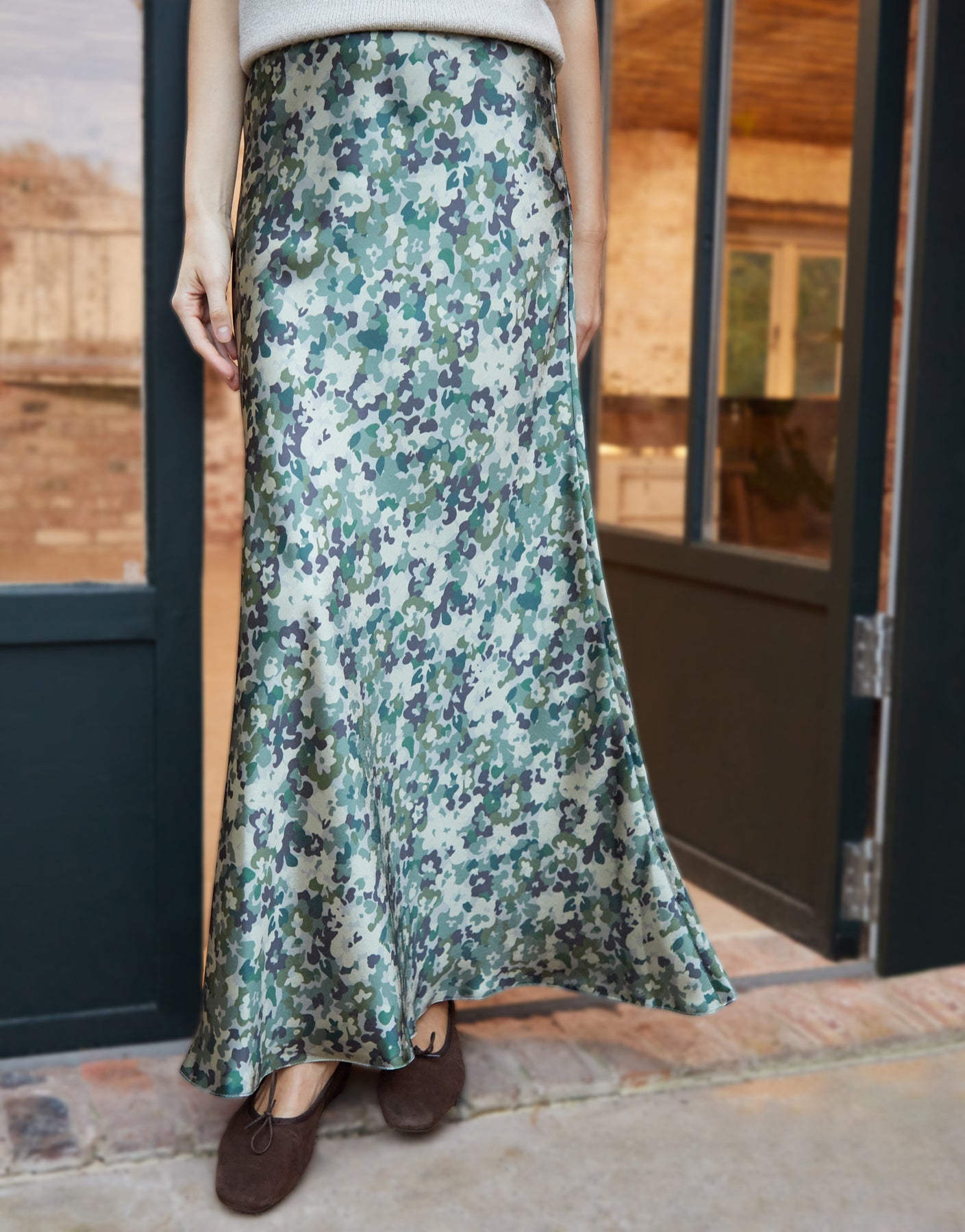 Threadbare Women's Green Camo Print Maxi Satin Slip Skirt