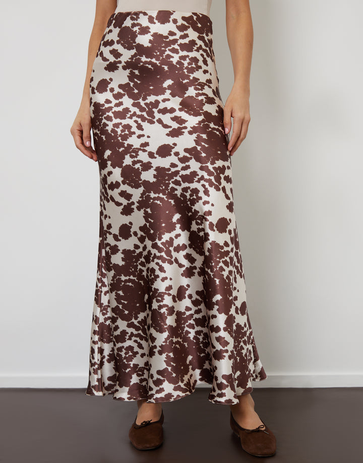 Cow Print Maxi Satin Slip Skirt