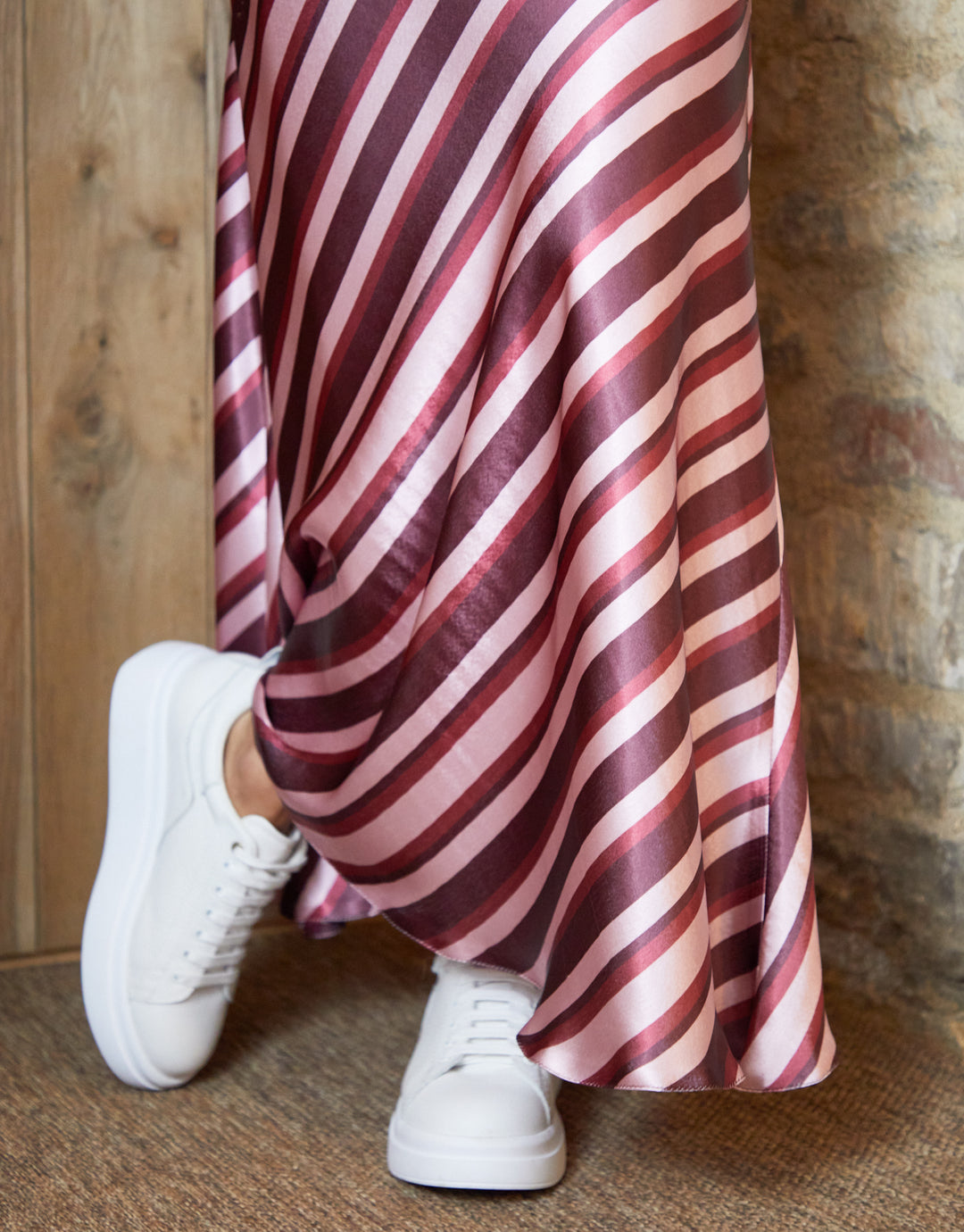 Burgundy Stripe Print Maxi Satin Slip Skirt