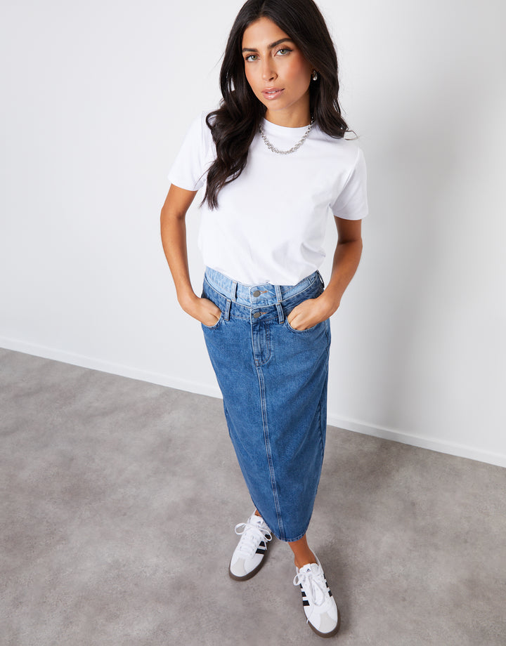 Mid Wash Contrast Double Waistband Denim Midi Skirt