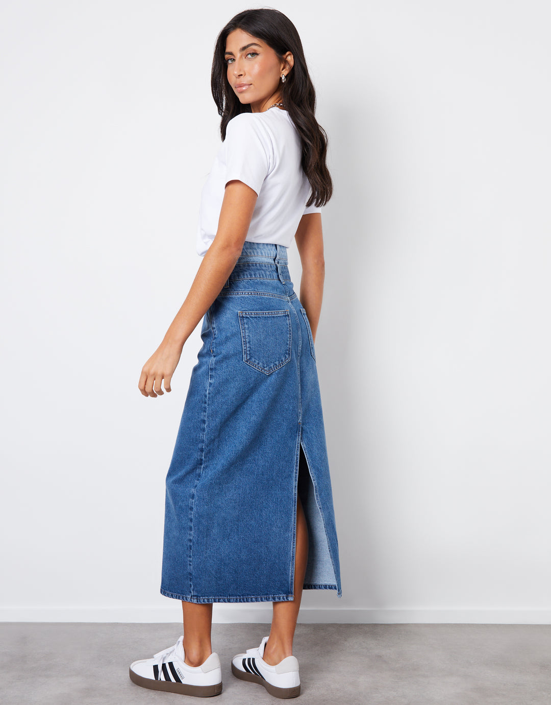 Mid Wash Contrast Double Waistband Denim Midi Skirt