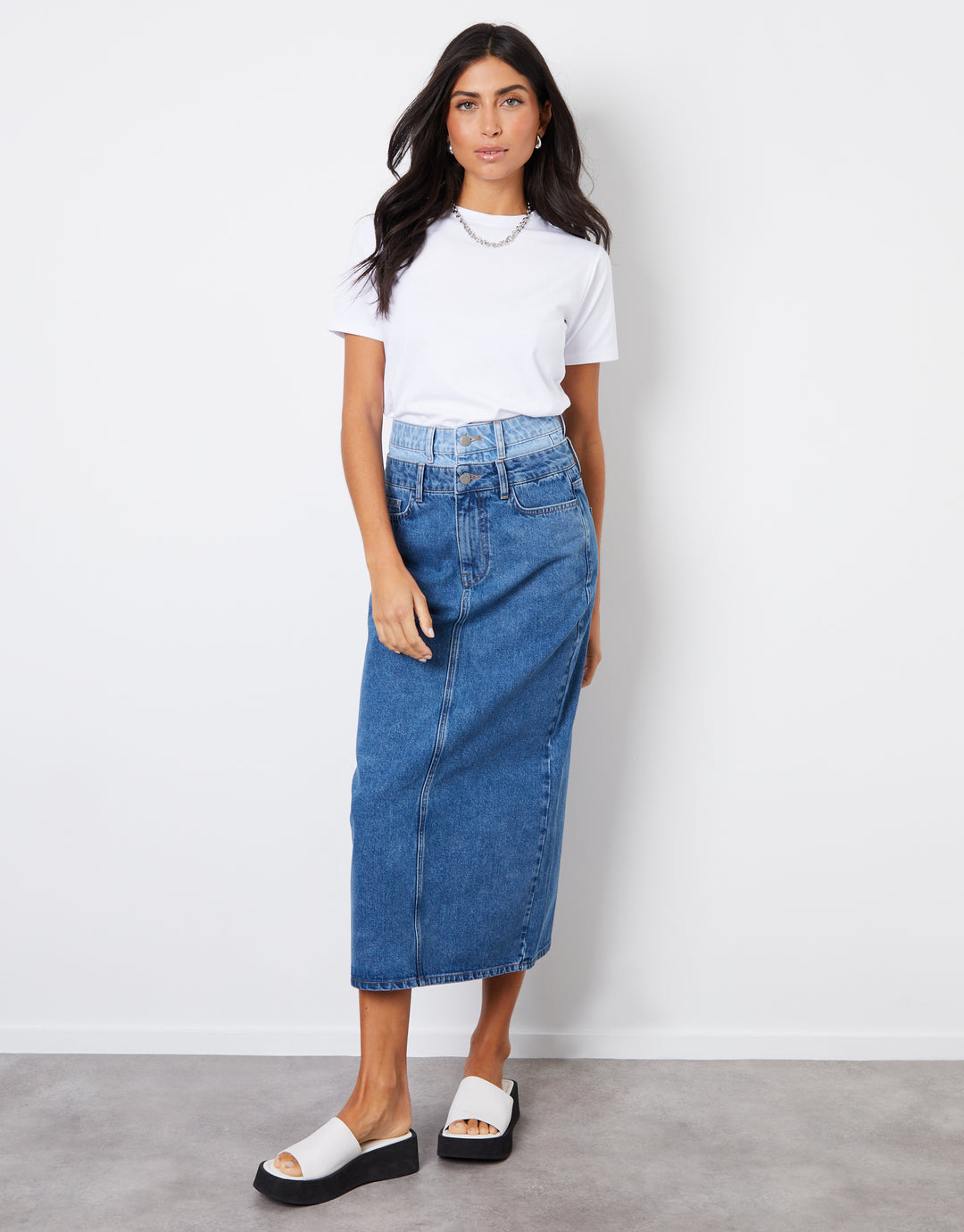 Mid Wash Contrast Double Waistband Denim Midi Skirt
