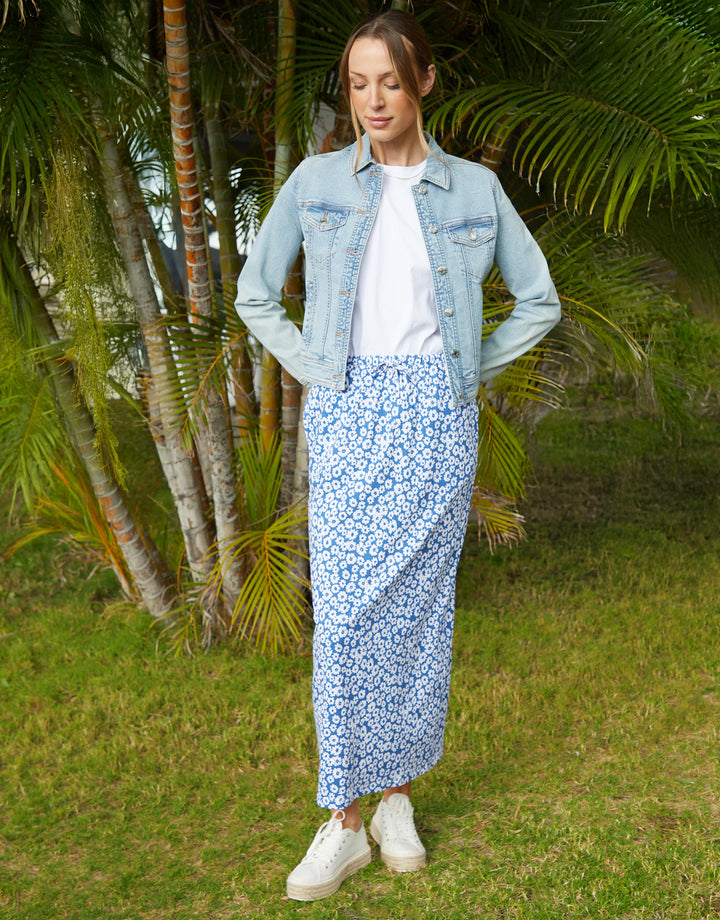 Floral Jersey Maxi Skirt with Pockets in Blue