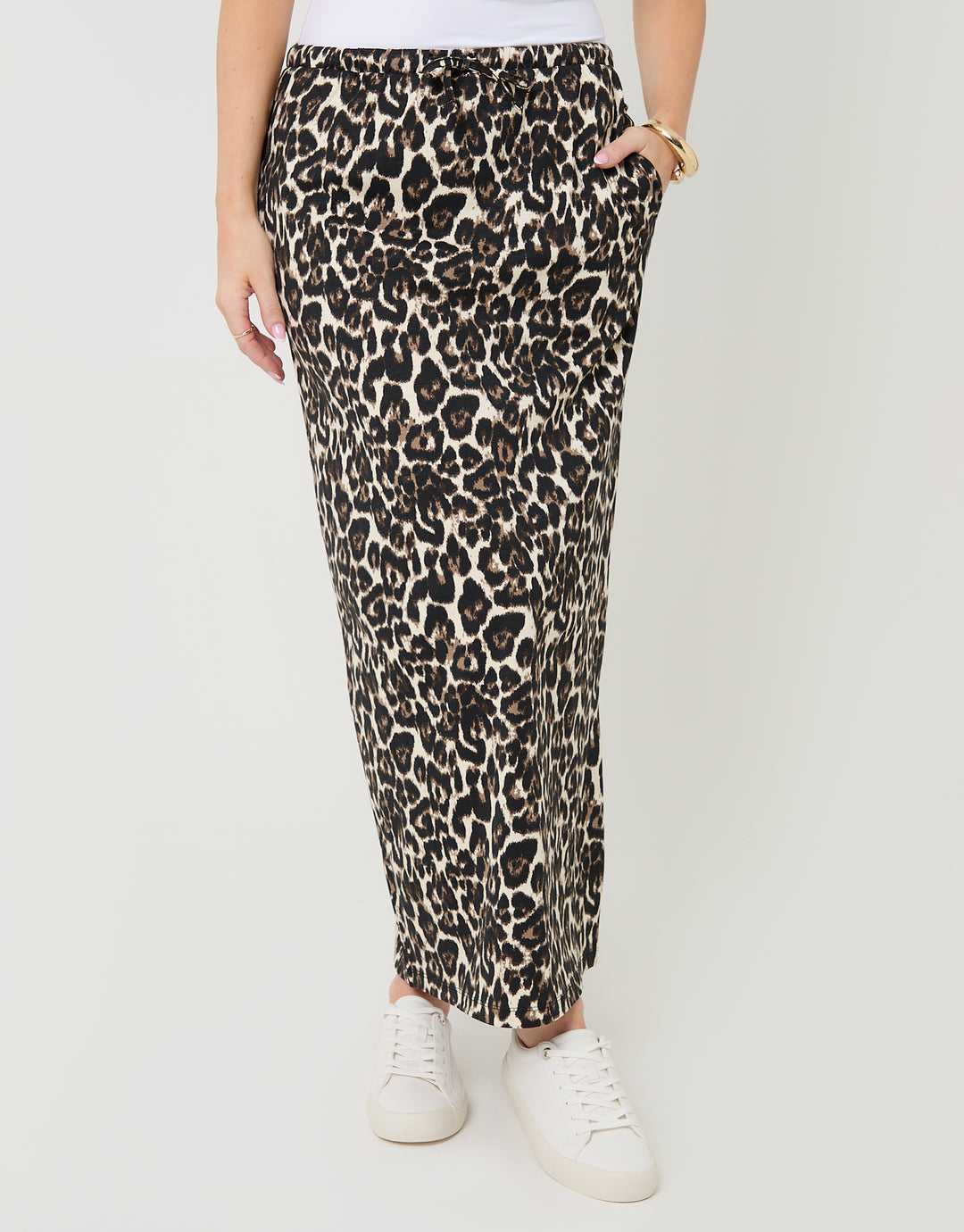Leopard Print Jersey Maxi Skirt with Pockets