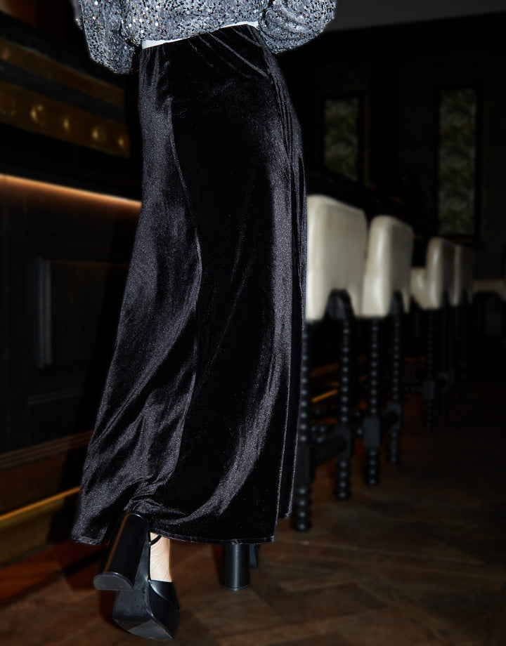 Black Velvet Flared Pull On Maxi Skirt
