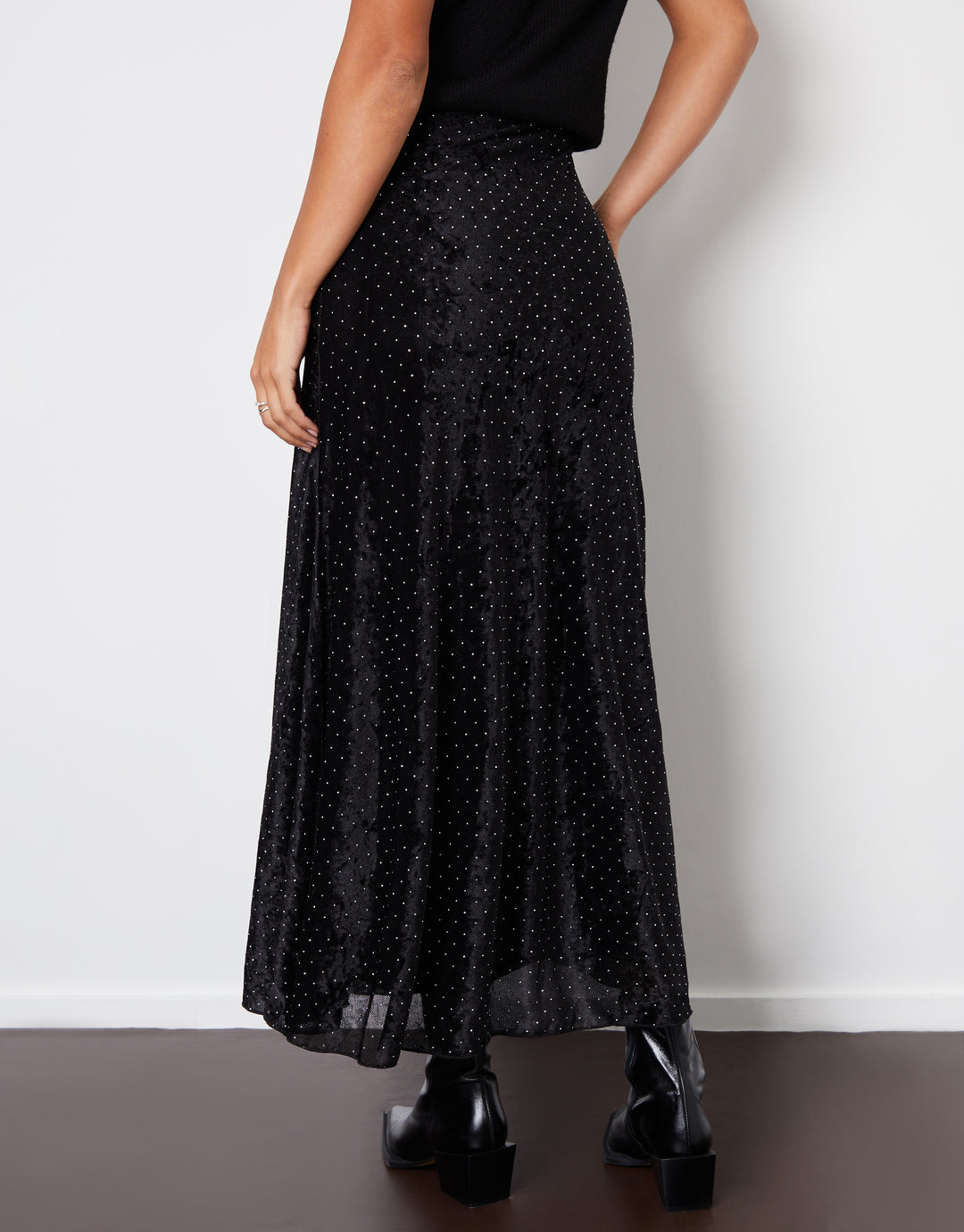 Black Embellished Mesh Velvet Maxi Skirt