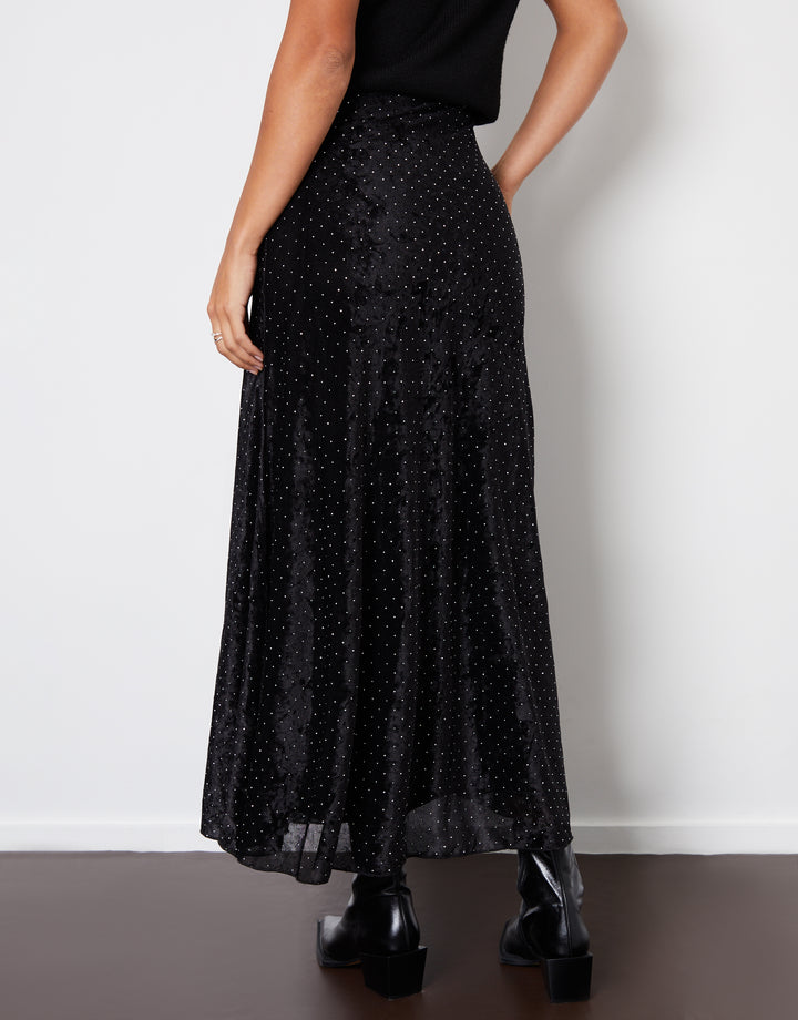 Black Embellished Mesh Velvet Maxi Skirt