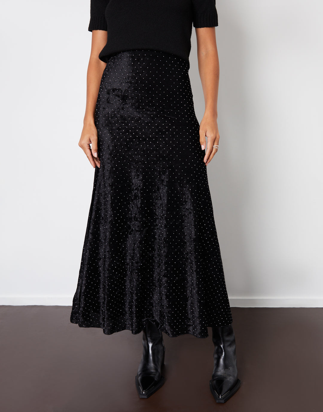 Black Embellished Mesh Velvet Maxi Skirt